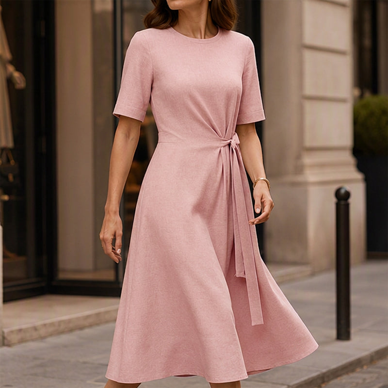 Women's Elegant Midi Dress with Adjustable Waist Tie