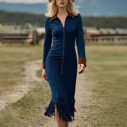 ⏰Last Day Sale 50% Off💃Women's Long Sleeve Tassel Hem Midi Dress