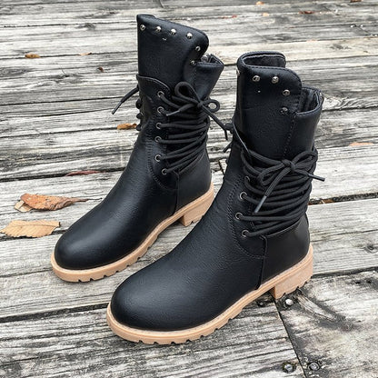 Women’s Lace-Up Low-Heel Round Toe Ankle Boots