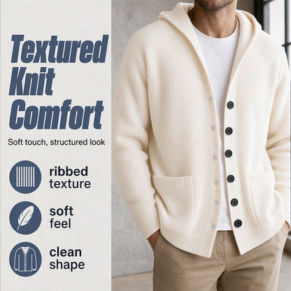☁️ Cozy Everyday Comfort | Men's Hooded Textured-Knit Button Cardigan