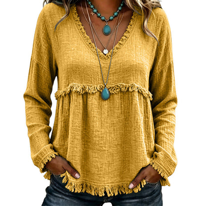 ☀️ Lightweight Comfort | Women's Tassel V-Neck Relaxed-Fit Blouse
