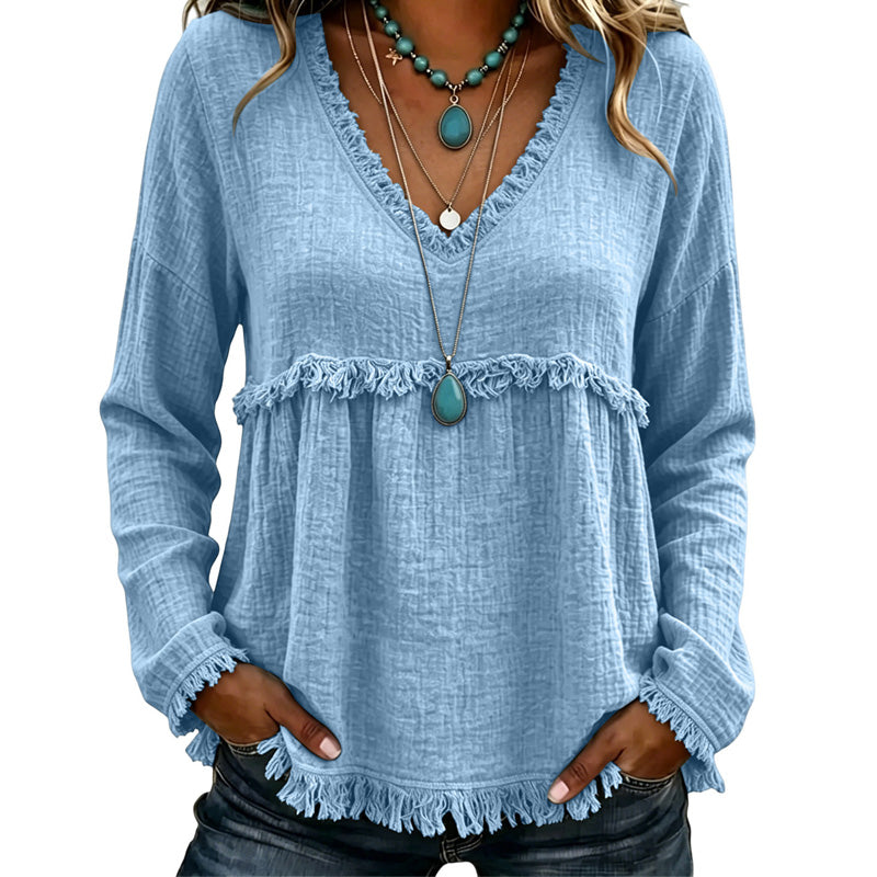 ☀️ Lightweight Comfort | Women's Tassel V-Neck Relaxed-Fit Blouse