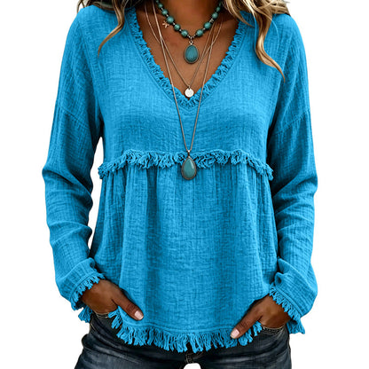 ☀️ Lightweight Comfort | Women's Tassel V-Neck Relaxed-Fit Blouse