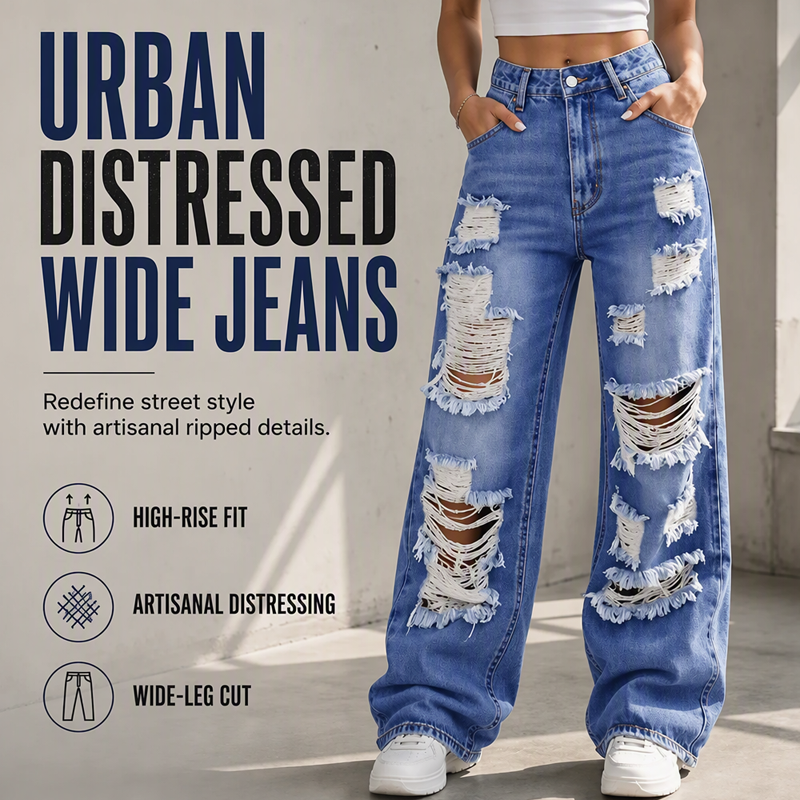 ✨ Effortless Everyday Style FREE SHIPPING | Women's Distressed High-Rise Wide-Leg Jeans