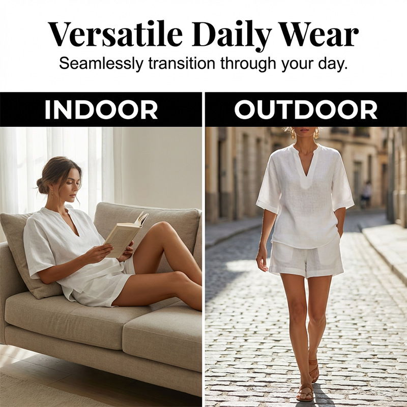 ✨🌺New Arrivals - V‑Neck Top & Wide‑Leg Shorts Set – Lightweight Premium Blend & Draped Silhouette for Vacation or Daily Outing