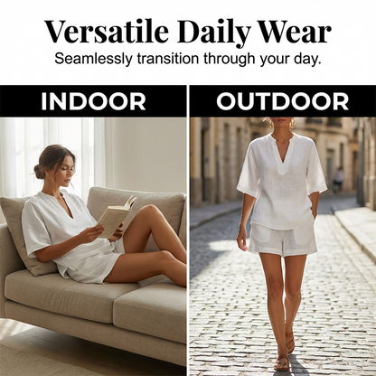 ✨🌺New Arrivals - V‑Neck Top & Wide‑Leg Shorts Set – Lightweight Premium Blend & Draped Silhouette for Vacation or Daily Outing