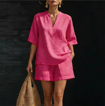 ✨🌺New Arrivals - V‑Neck Top & Wide‑Leg Shorts Set – Lightweight Premium Blend & Draped Silhouette for Vacation or Daily Outing