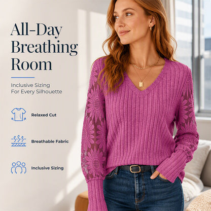 Women's Brushed Ribbed Long Sleeve Lace Patchwork Top
