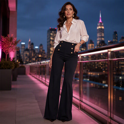 ✨ Flattering Comfort | Women's High-Waisted Double-Button Flare Pants