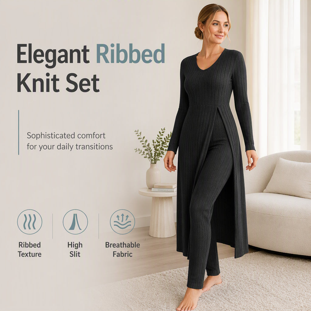 ✨ Easy Everyday Comfort 🦋 Women's Ribbed Longline Top & Slim-Fit Pants 2-Piece Set