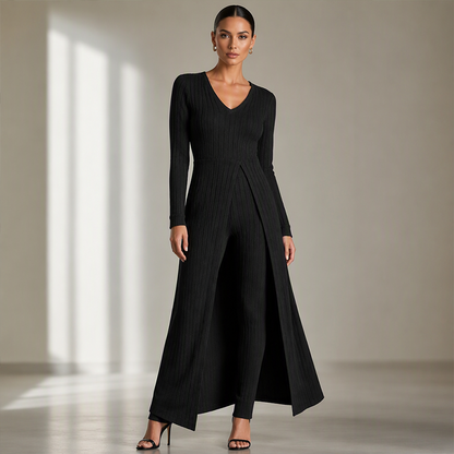 ✨ Easy Everyday Comfort 🦋 Women's Ribbed Longline Top & Slim-Fit Pants 2-Piece Set
