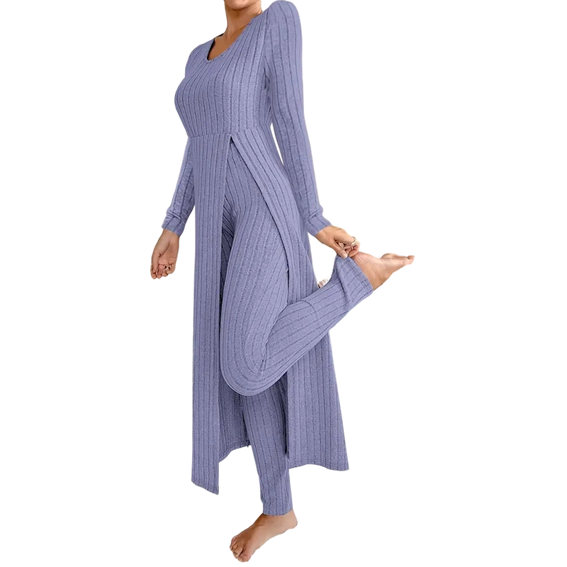 ✨ Easy Everyday Comfort 🦋 Women's Ribbed Longline Top & Slim-Fit Pants 2-Piece Set