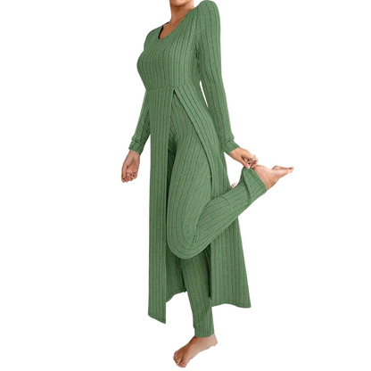 ✨ Easy Everyday Comfort 🦋 Women's Ribbed Longline Top & Slim-Fit Pants 2-Piece Set