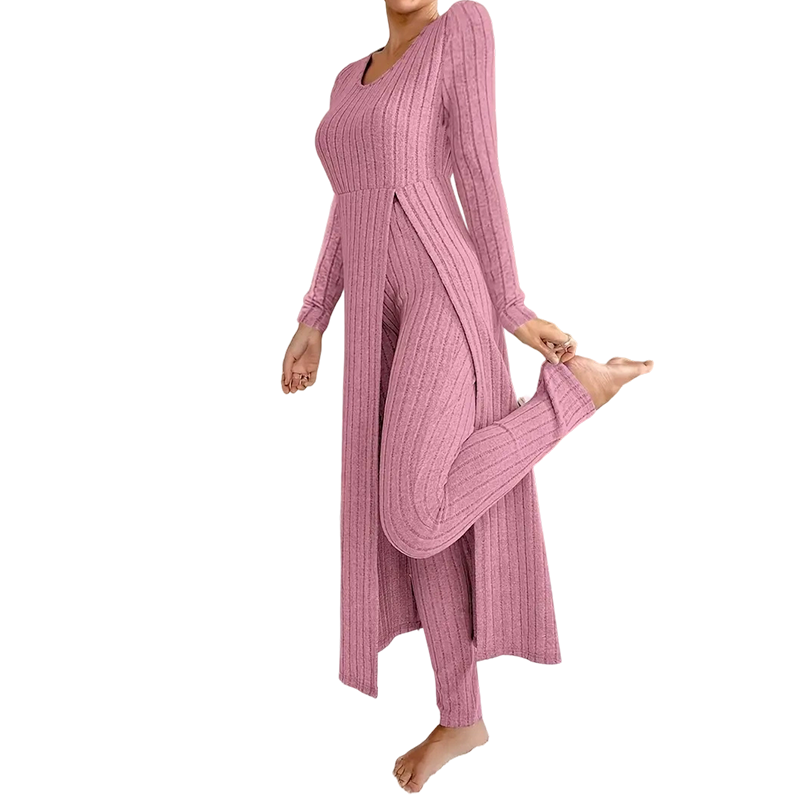 ✨ Easy Everyday Comfort 🦋 Women's Ribbed Longline Top & Slim-Fit Pants 2-Piece Set