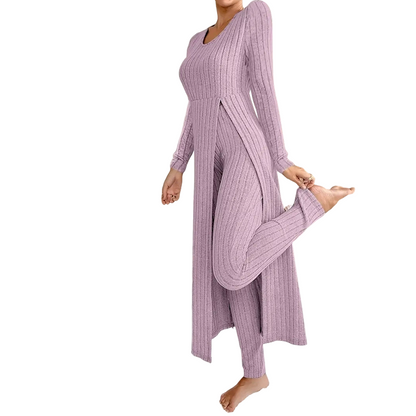 ✨ Easy Everyday Comfort 🦋 Women's Ribbed Longline Top & Slim-Fit Pants 2-Piece Set
