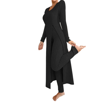 ✨ Easy Everyday Comfort 🦋 Women's Ribbed Longline Top & Slim-Fit Pants 2-Piece Set