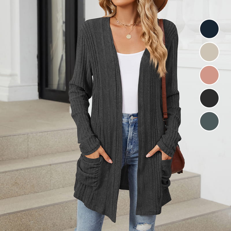 🍂 Fall Essential | Women's Striped Open-Front Long Knit Cardigan with Pockets