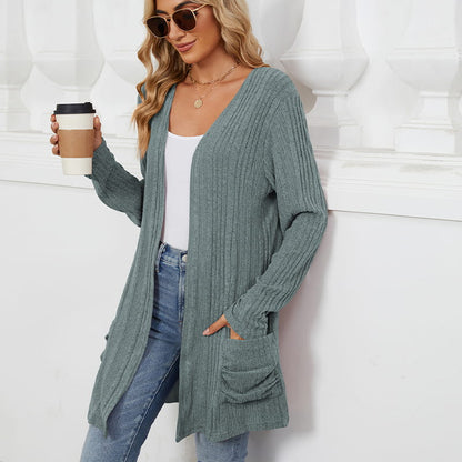 🍂 Fall Essential | Women's Striped Open-Front Long Knit Cardigan with Pockets