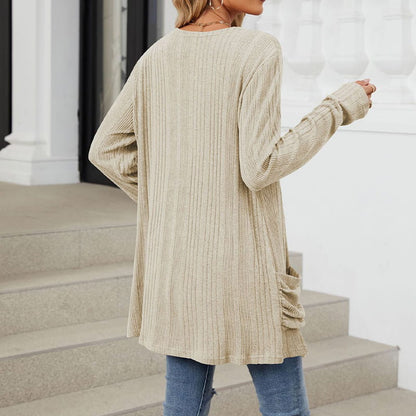 🍂 Fall Essential | Women's Striped Open-Front Long Knit Cardigan with Pockets