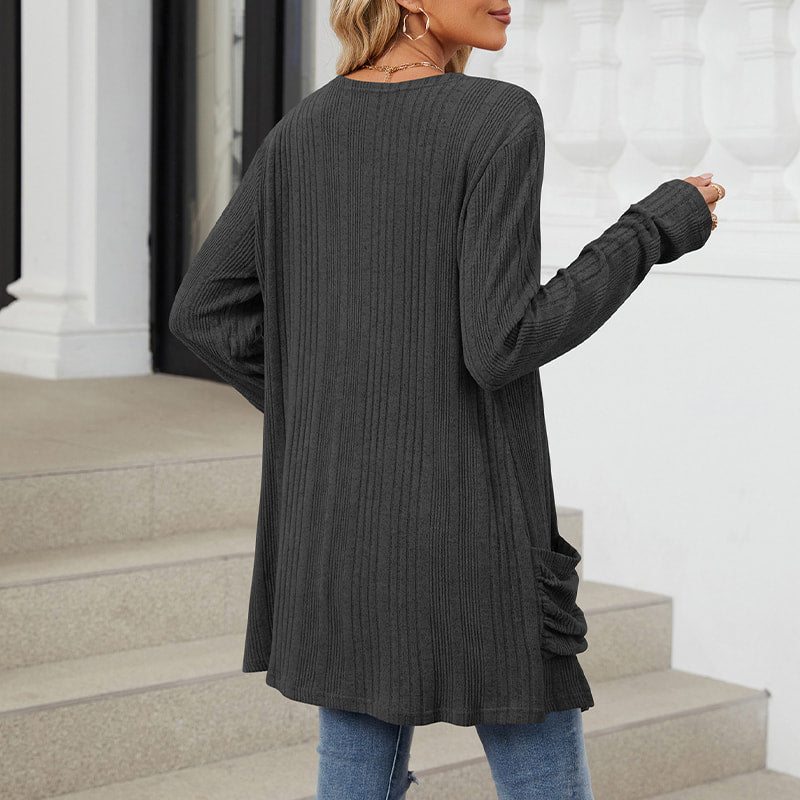 🍂 Fall Essential | Women's Striped Open-Front Long Knit Cardigan with Pockets