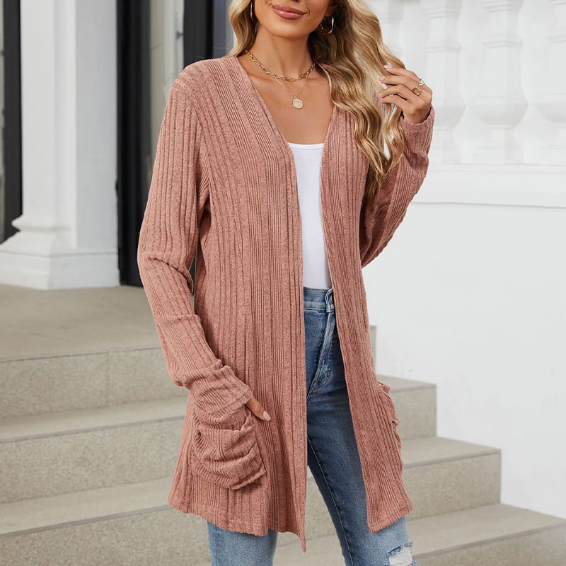 🍂 Fall Essential | Women's Striped Open-Front Long Knit Cardigan with Pockets