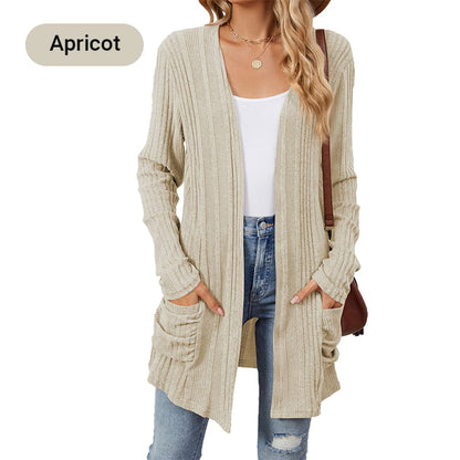 🍂 Fall Essential | Women's Striped Open-Front Long Knit Cardigan with Pockets