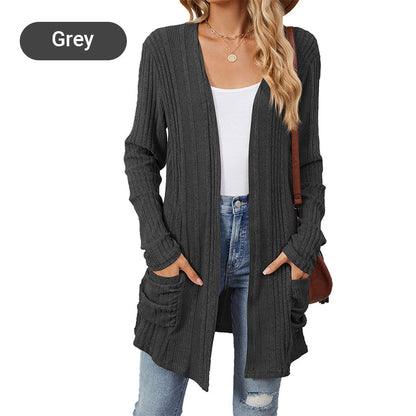 🍂 Fall Essential | Women's Striped Open-Front Long Knit Cardigan with Pockets
