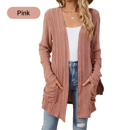 🍂 Fall Essential | Women's Striped Open-Front Long Knit Cardigan with Pockets