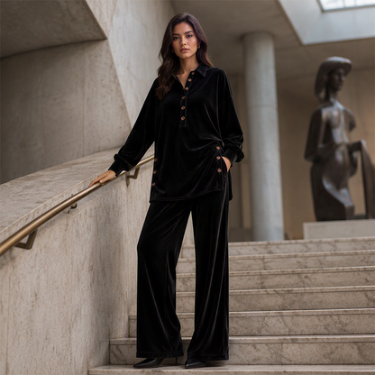 Women's Velvet Long Sleeve Shirt & Wide Leg Pants Set
