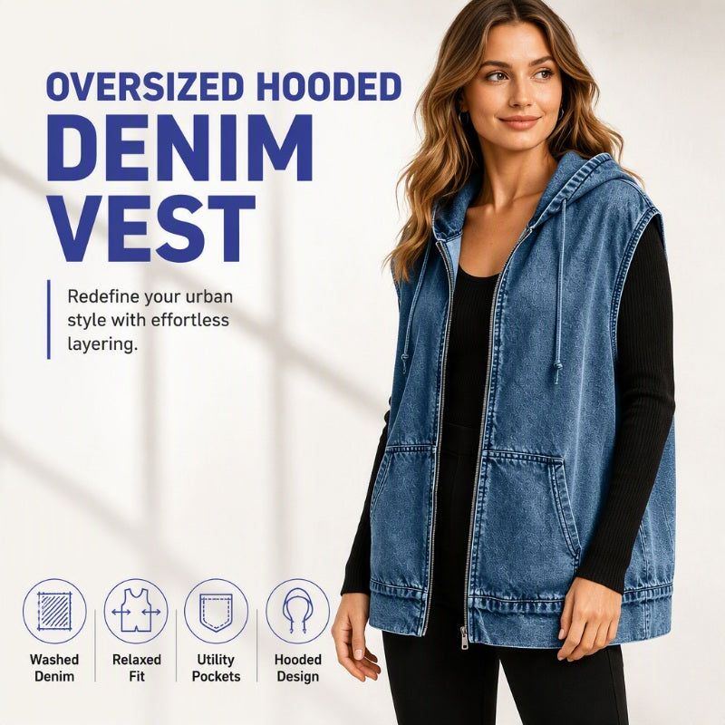 ⭐Trending Now⭐ Oversize Hooded Denim Vest – Utility Pockets & Relaxed Fit