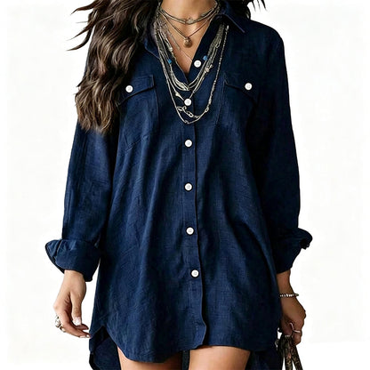 🌿 Easy, Breezy Comfort | Women's Cotton-Linen Long-Sleeve Shirt Dress
