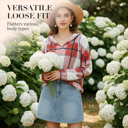 Women's Plaid Hooded Long Sleeve Drawstring V Neck Shirts