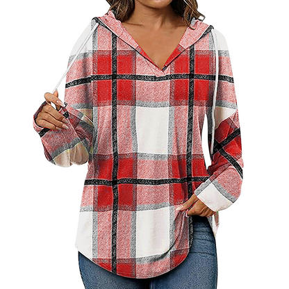 Women's Plaid Hooded Long Sleeve Drawstring V Neck Shirts