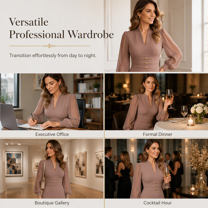 Women's Elegant V-Neck Bishop-Sleeve Bodycon Dress