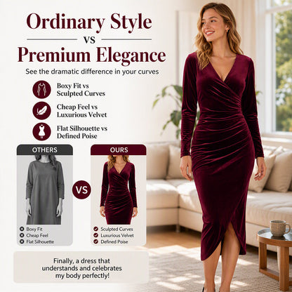 Women's V-Neck Velvet Ruched Bodycon Dress