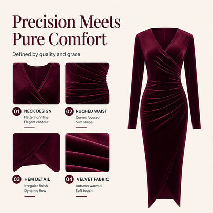 Women's V-Neck Velvet Ruched Bodycon Dress