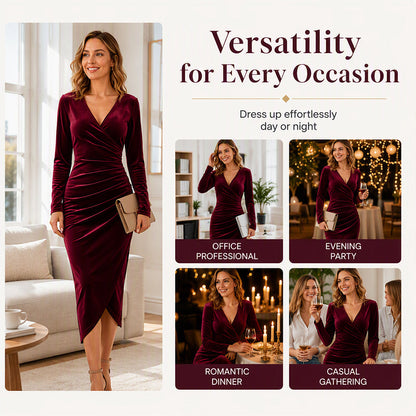 Women's V-Neck Velvet Ruched Bodycon Dress