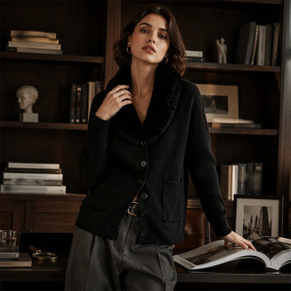 ☁️ Cozy Elegance | Women's Furry-Collar Knit Cardigan