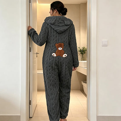🧸 Playful Comfort ✨ Women's Bear-Embroidered Cable-Knit Hooded Loungewear