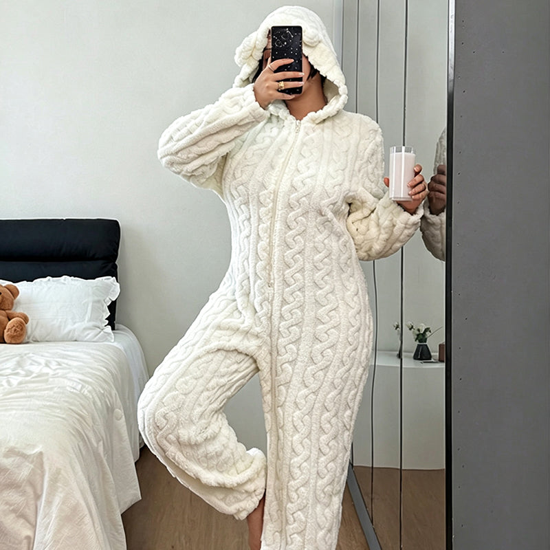 🧸 Playful Comfort ✨ Women's Bear-Embroidered Cable-Knit Hooded Loungewear