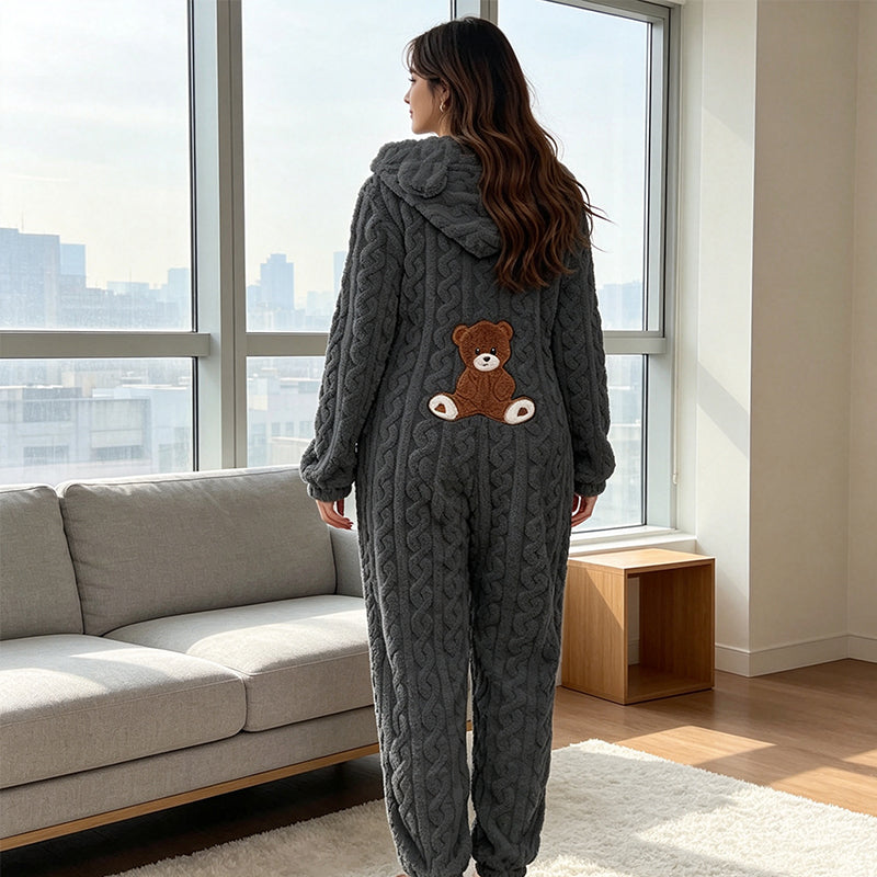 🧸 Playful Comfort ✨ Women's Bear-Embroidered Cable-Knit Hooded Loungewear