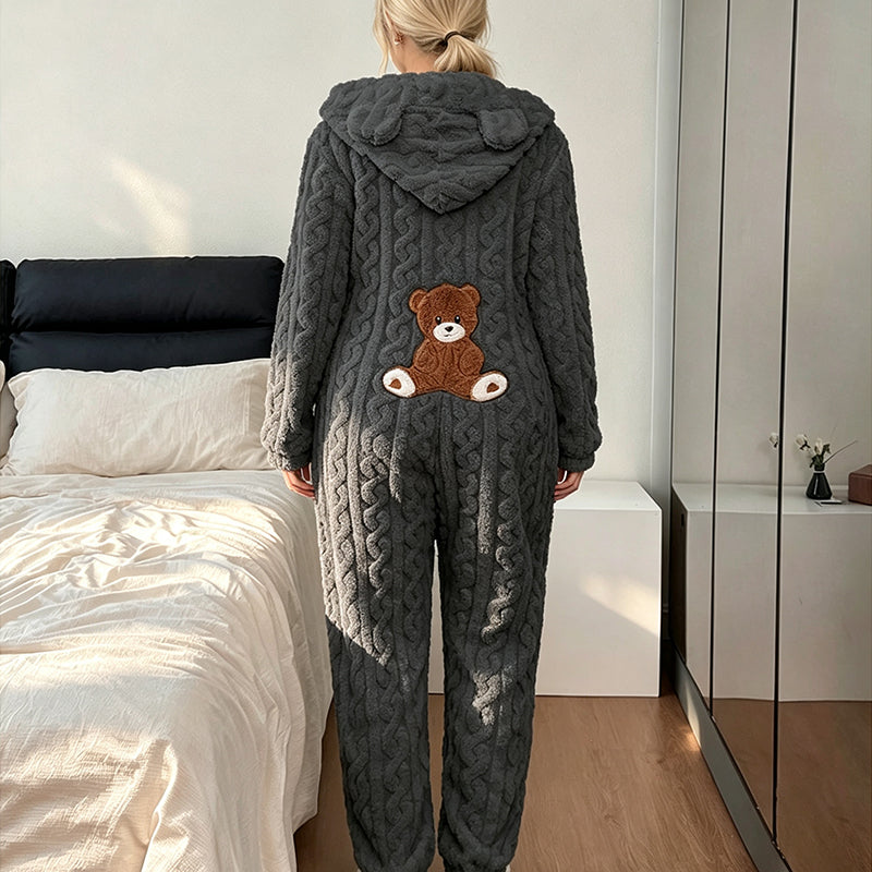🧸 Playful Comfort ✨ Women's Bear-Embroidered Cable-Knit Hooded Loungewear