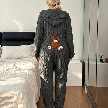 🧸 Playful Comfort ✨ Women's Bear-Embroidered Cable-Knit Hooded Loungewear