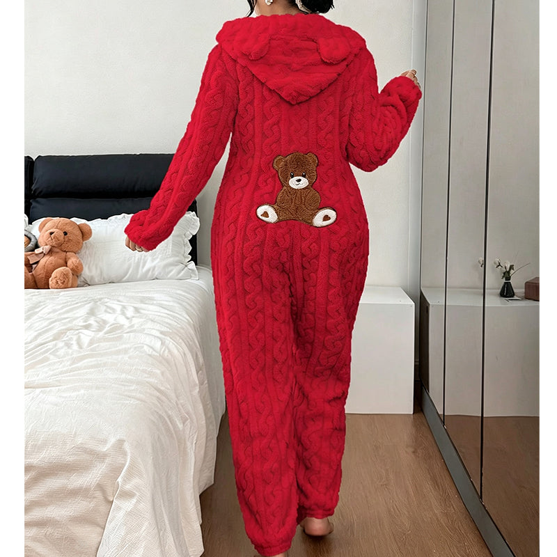 🧸 Playful Comfort ✨ Women's Bear-Embroidered Cable-Knit Hooded Loungewear