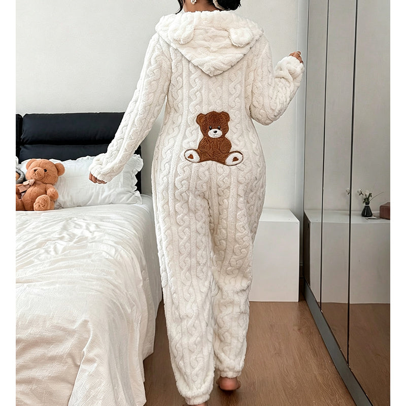 🧸 Playful Comfort ✨ Women's Bear-Embroidered Cable-Knit Hooded Loungewear