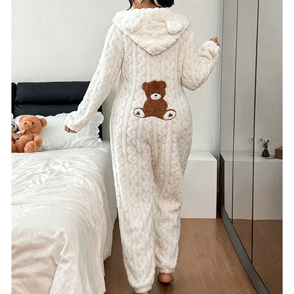 🧸 Playful Comfort ✨ Women's Bear-Embroidered Cable-Knit Hooded Loungewear