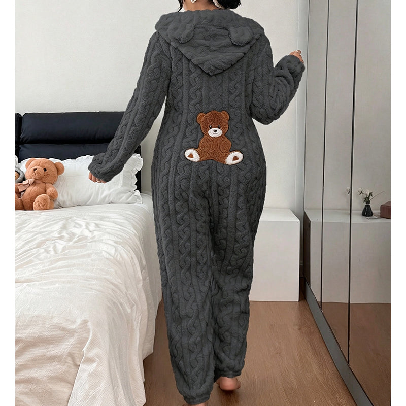 🧸 Playful Comfort ✨ Women's Bear-Embroidered Cable-Knit Hooded Loungewear