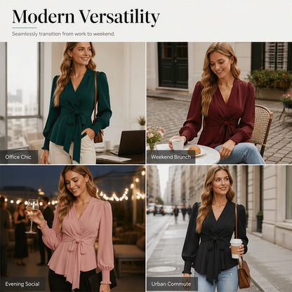 ✨ Flattering Detail | Women's V-Neck Tie-Waist Blouse