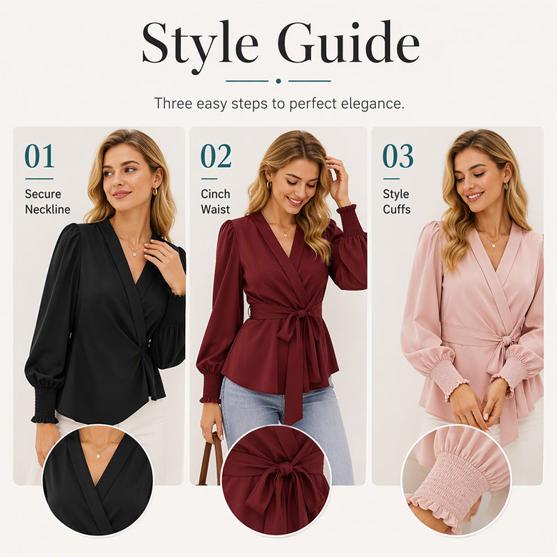 ✨ Flattering Detail | Women's V-Neck Tie-Waist Blouse