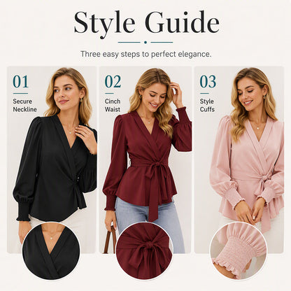 ✨ Flattering Detail | Women's V-Neck Tie-Waist Blouse